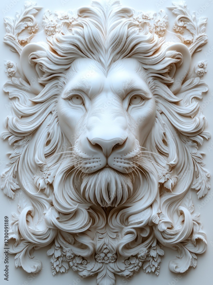 Obraz premium Ornate lion relief sculpture, floral background, wall decor