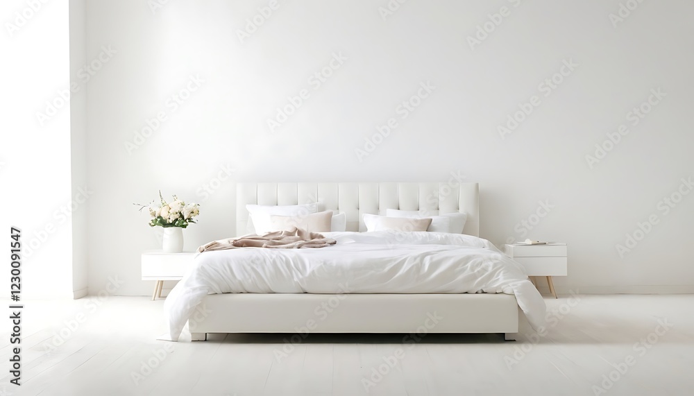 Obraz premium White Bed In Empty Space Isolated on White, Render,comfortable, cut out, no people, relaxation, color image, studio shot, single object, white background, bed - furniture, 1564