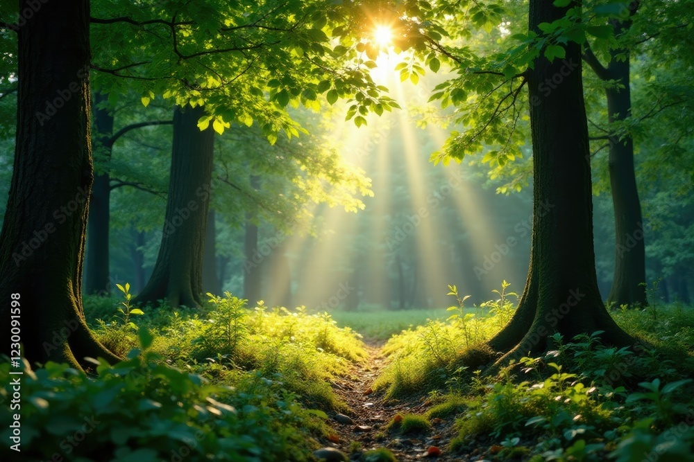 Fototapeta premium Sunlight breaks through canopy of leaves on forest floor, sunlight filtering, lush foliage, dappled light