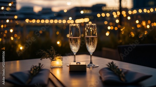 A romantic rooftop dinner with a ring box placed between two champagne glasses under string lights picture