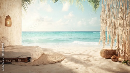 Wallpaper Mural Boho Beach Cabana Retreat, rustic charm, macrame accents, soothing waves, serene wellness escape, coastal rejuvenation experience Torontodigital.ca