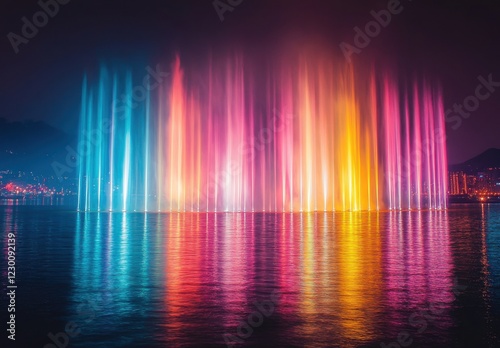 Colorful Water Fountain Display at Night with Illuminated Streams Reflecting on a Calm Lake in a Scenic Urban Landscape photo