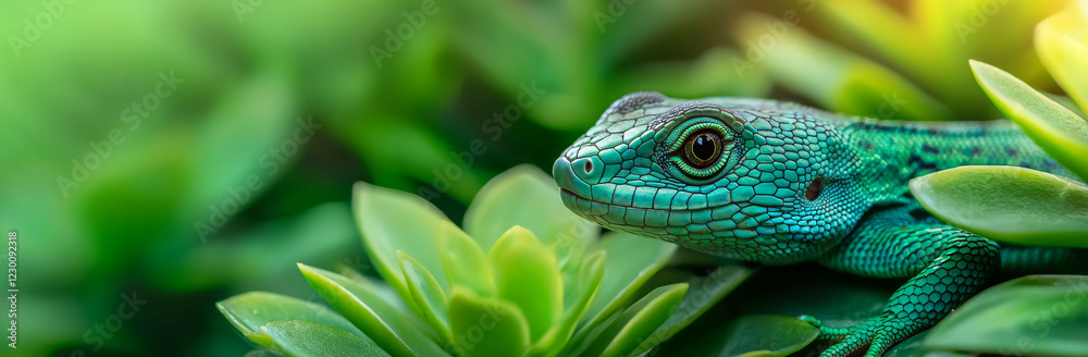 Fototapeta premium vibrant green lizard resting among succulent plants, showcasing its intricate scales and bright eyes
