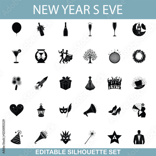 Canvas Print New Years Eve Party Silhouette Icons Celebration, Dance, Festive