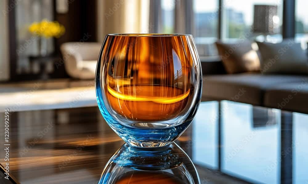 Blue and Amber Glass on Dark Brown Tabletop