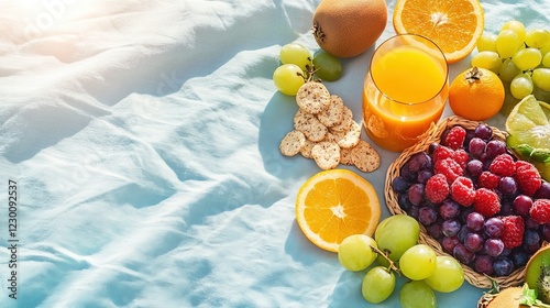 Vibrant outdoor picnic with superfood snacks, fresh juices, tropical fruits on a colorful blanket surrounded by nature photo