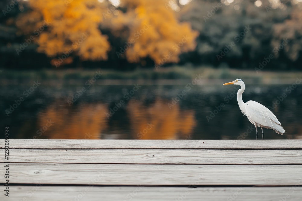 Obraz premium White heron standing on wooden pier by calm lake with autumn foliage reflecting