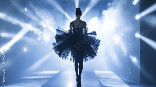 A runway model in avant-garde fashion under dramatic lighting. picture