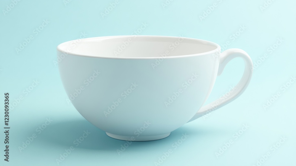 Empty white teacup, pastel blue background, minimalist design, website mockup Empty white teacup, pastel blue background, minimalist design, website mockup