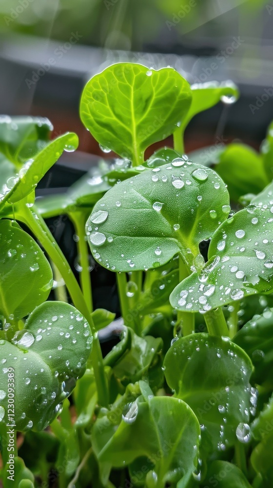 Fresh green leaves with water droplets in a lush garden scene International Plant Appreciation Day Fresh green leaves with water droplets in a lush garden scene International Plant Appreciation Day