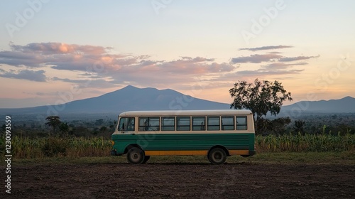 Scenic sunset over mountains and vintage bus tranquil rural landscape photography inspiration