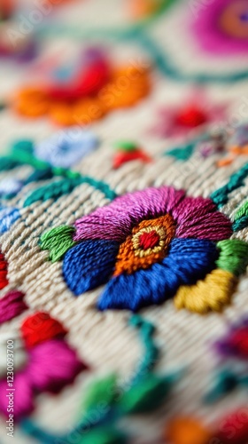 Colorful floral embroidery on fabric showcasing vibrant threadwork National Embroidery Month