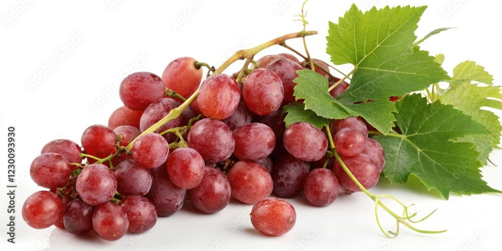 Obraz premium Ripe red grapes with a few green leaves and stems, macro, agriculture