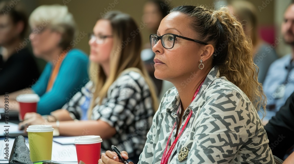 Fototapeta premium Focused Woman Taking Notes During Conference with Attendees Nearby