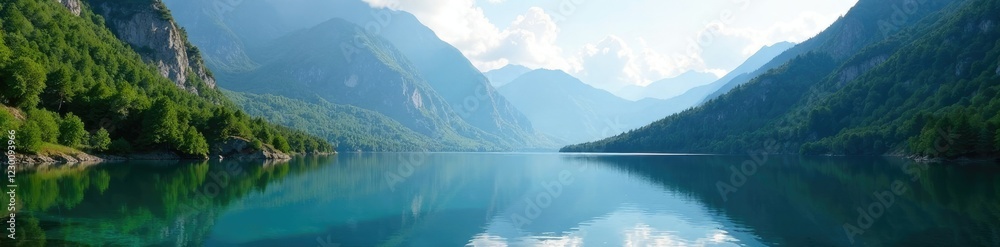 Fototapeta premium A serene lake nestled between towering mountain peaks, nature, tranquility