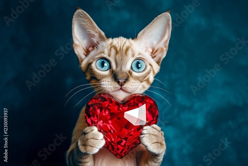 Cute devon rex young cat with diamond red heart - sign of love, funny greeting card. Ad campaign conceptual art. Devon rex - my cherished cat. Love and fluffy animals. Valentine's furry love. photo