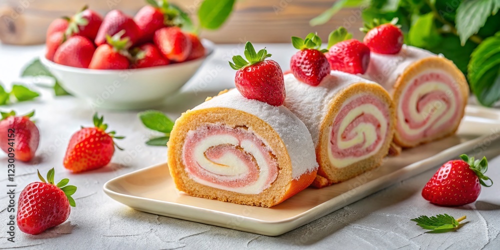 Delicious Pink Strawberry Swiss Roll Cake with Whipped Cream on White Background Delicious Pink Strawberry Swiss Roll Cake with Whipped Cream on White Background