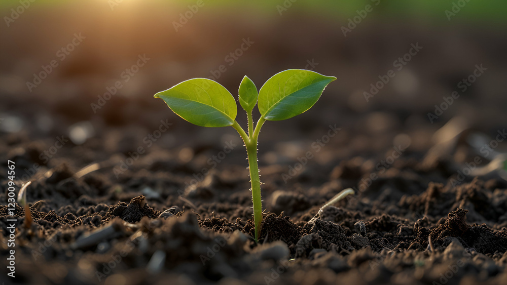 Fototapeta premium Little Green Sprout Emerging from Soil at Sunset ,Spring Nature Awakening