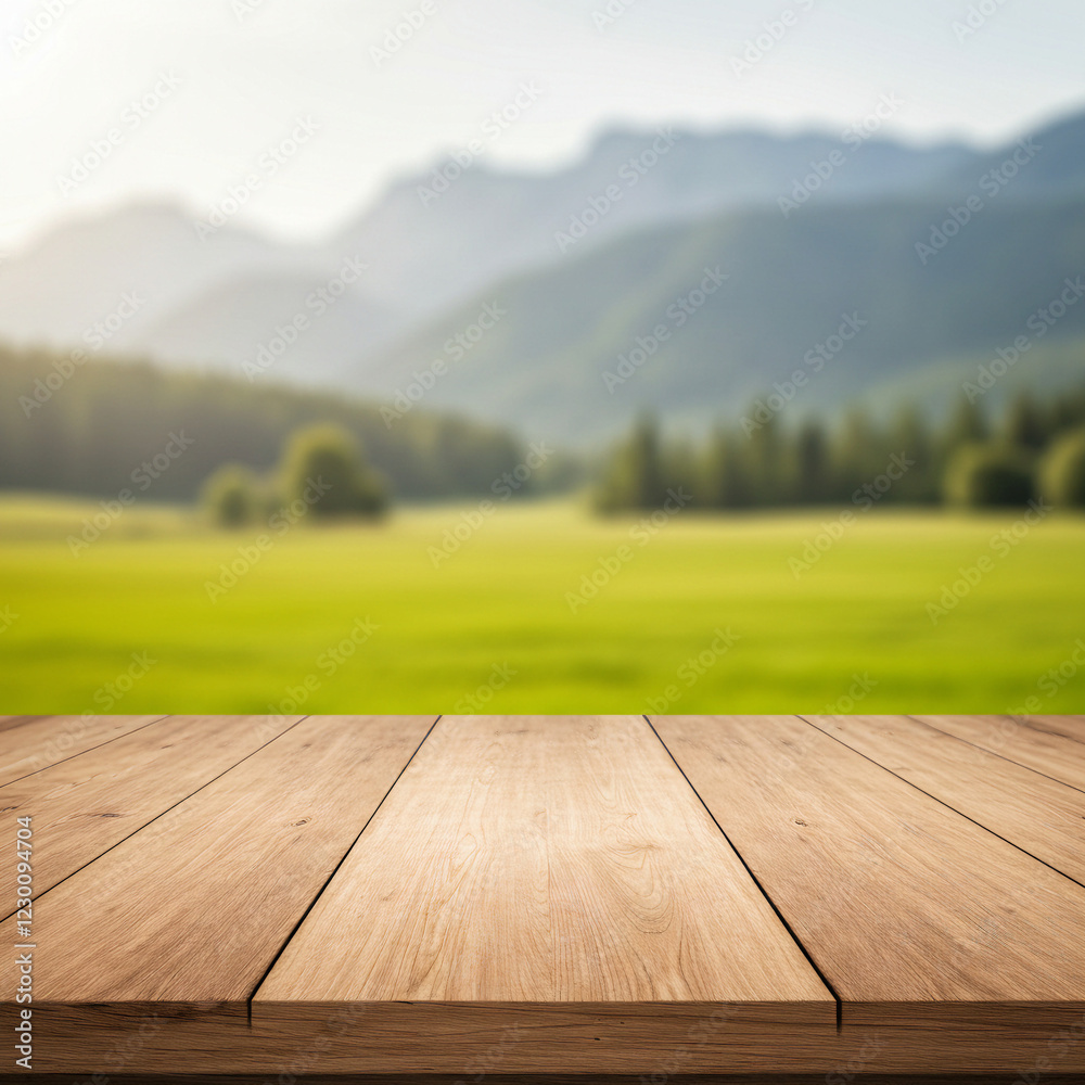 Wooden Tabletop with a Blurred Mountain and Lush Grass Field in the Background, Evoking Freshness and Relaxation Wooden Tabletop with a Blurred Mountain and Lush Grass Field in the Background, Evoking Freshness and Relaxation