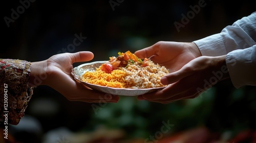 Cultural food-sharing scene with hands jointly holding a plate and utensils, possibly part of a ceremony or family gathering. photo