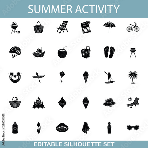 Summer Activities Beach, Sun, Fun, Relaxation, Editable Silhouettes