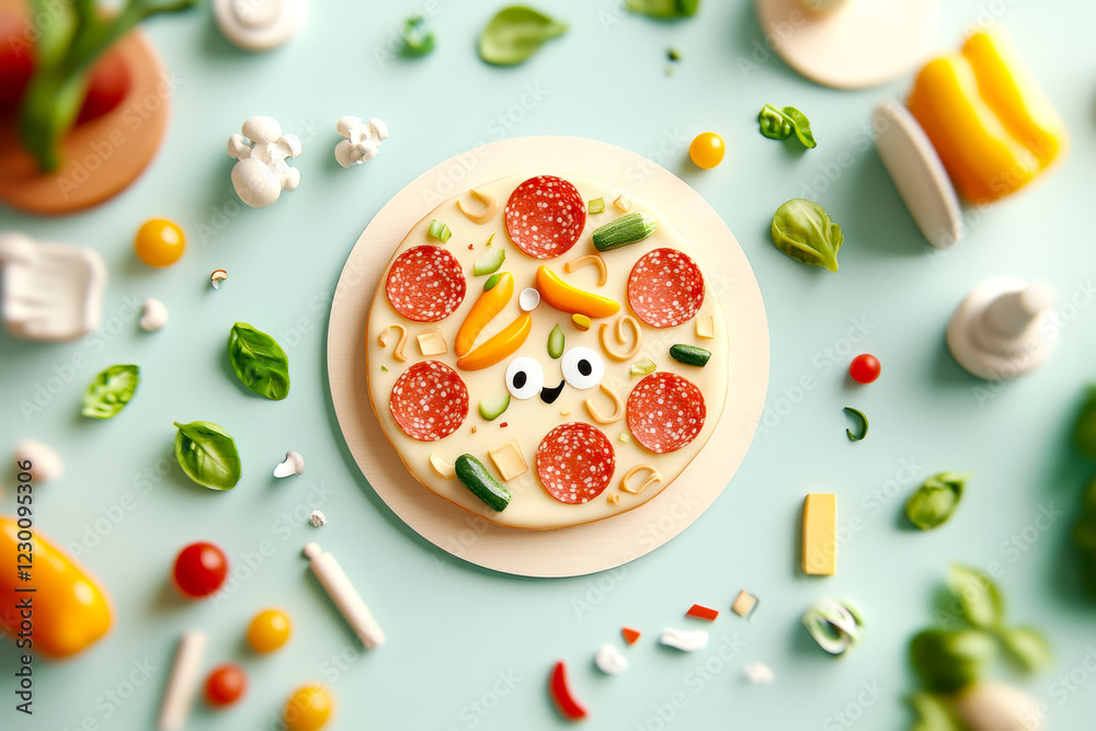 A colorful pizza topped with pepperoni, vegetables, and playful elements, surrounded by various ingredients on a light blue background. A colorful pizza topped with pepperoni, vegetables, and playful elements, surrounded by various ingredients on a light blue background.