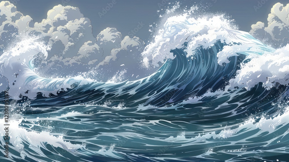 Majestic ocean waves crashing against each other under a cloudy sky, creating a dynamic seascape Majestic ocean waves crashing against each other under a cloudy sky, creating a dynamic seascape