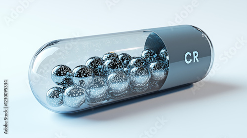 Simple glossy gray capsules with transparent sections and 'Cr' label, representing chromium supplement for health and wellness. photo