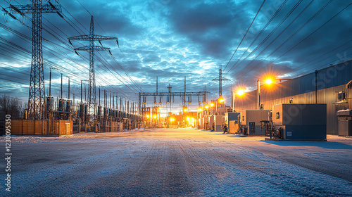 A vast power plant under an expansive sky, with tall wires distributing energy, surrounded by efficient machinery that represents stability and a future powered by energy. photo