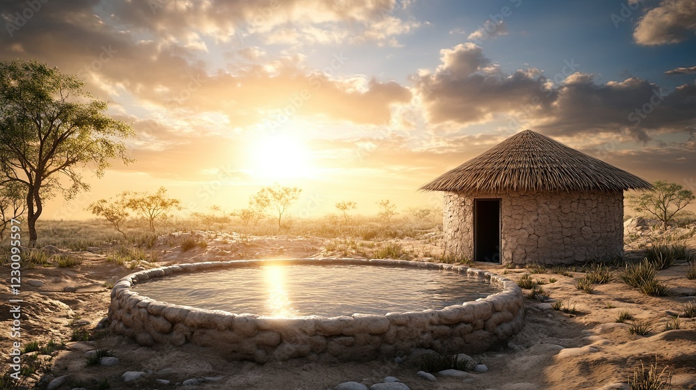 Solar-powered water purification system, innovative technology for clean water access in rural communities, illustrated design for developing regions