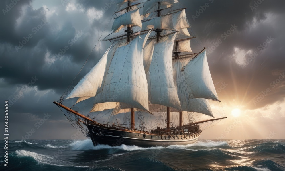 Fototapeta premium Sailing vessel with billowing white sails in a stormy atmosphere, sea, nautical, turbulent weather