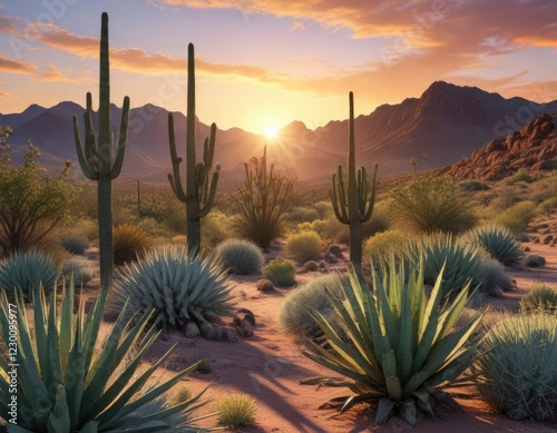 Saguaros and agaves in Sonoran desert at sunset, arid land, landscape, succulents