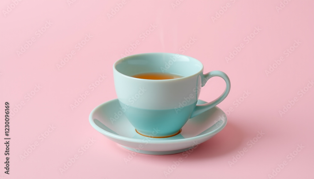 Blue tea cup with saucer on pink background