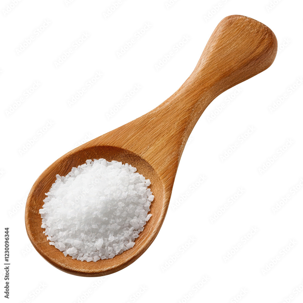 Spoonful of white salt on a wooden spoon with white background. Spoonful of white salt on a wooden spoon with white background.