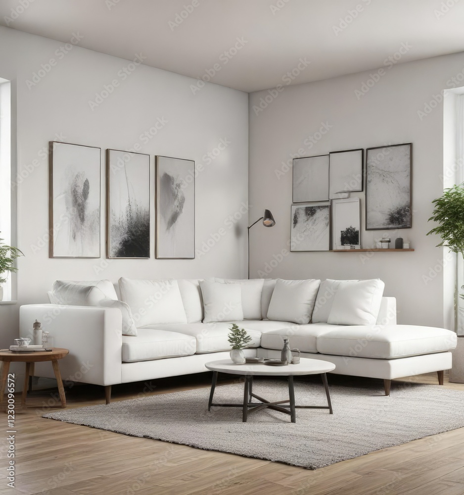 Fototapeta premium Scandinavian style white sectional sofa in corner of room with clipping path, sectional sofa, interior