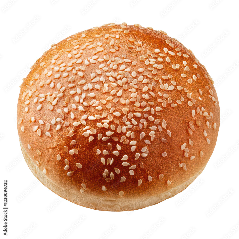 Fresh sesame seed bun, golden brown, white isolated background. Fresh sesame seed bun, golden brown, white isolated background.