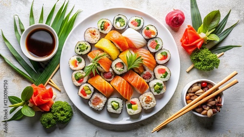 Wallpaper Mural Delicious Sushi and Maki Platter: Panoramic Top View with Copy Space Torontodigital.ca