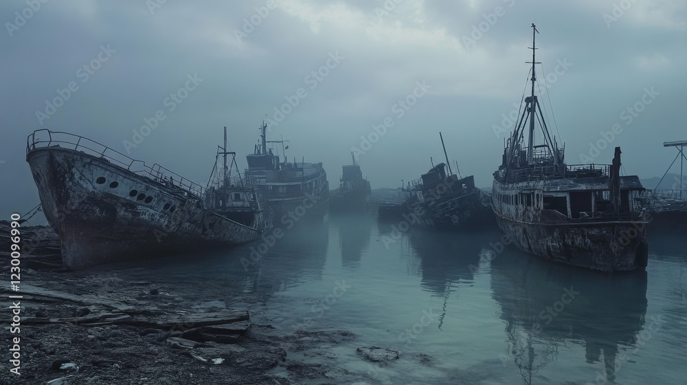 Fototapeta premium Ghost Ships in a Foggy Harbor