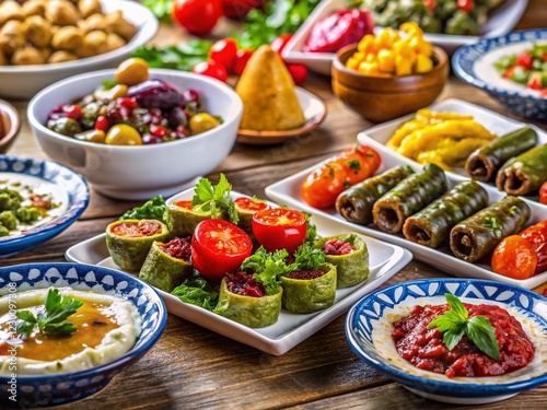 Delicious Turkish Mezes: Assorted Appetizers on White Plates photo