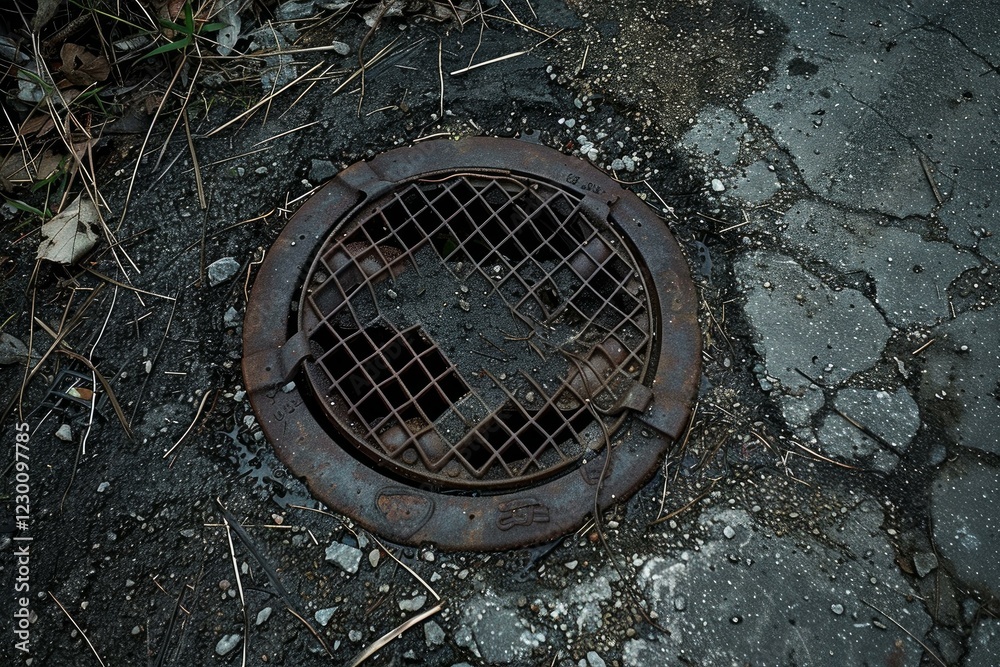 Old rusty sewer grate with visible damage laying on damaged asphalt Old rusty sewer grate with visible damage laying on damaged asphalt