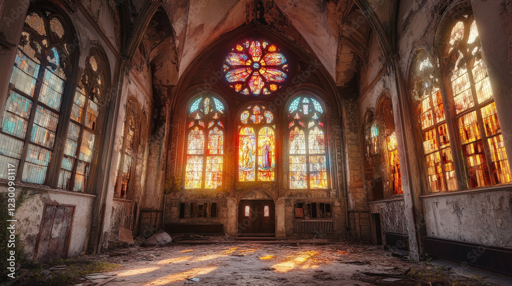 Fototapeta premium Abandoned Cathedral with Radiant Stained Glass Windows