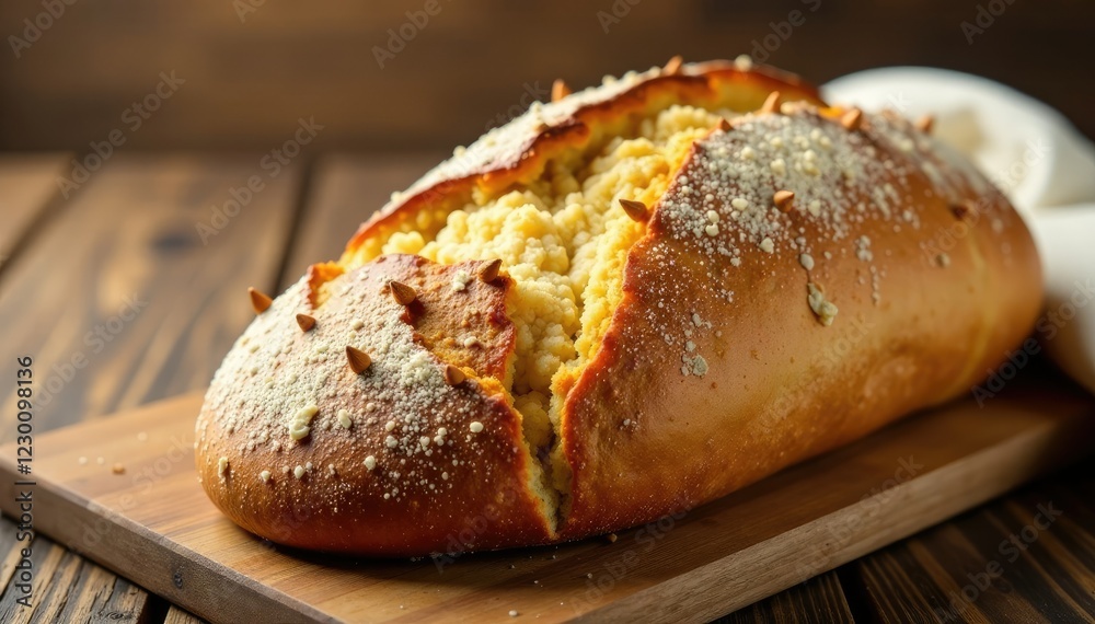Freshly baked bread with wheat spikes on a wooden table, organic, , fabric Freshly baked bread with wheat spikes on a wooden table, organic, , fabric