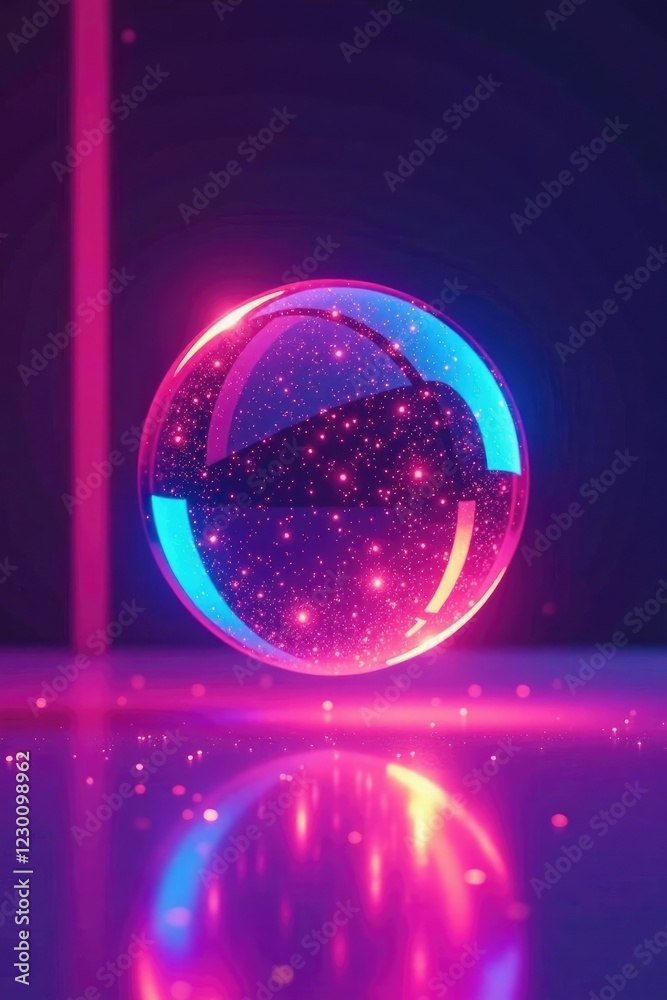 Shimmering neon ball suspended above a plain surface, metallic, sparkling Shimmering neon ball suspended above a plain surface, metallic, sparkling