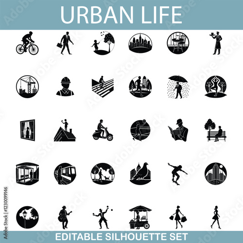 Urban Life Editable Silhouette Set City, People, Activities, Icons