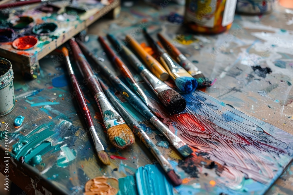 Obraz premium Many paintbrushes laying on a messy palette covered in colorful paint after an art project