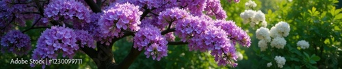 Jacaranda tree in full bloom with a few white and purple flowers, purple flowers, greenery, nature photo