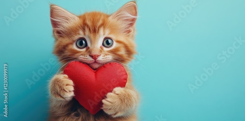 Charming ginger kitten holding a red heart-shaped pillow against a turquoise background, capturing an expression of love and sweetness. Ideal for Valentine's promotions, pet-themed design
