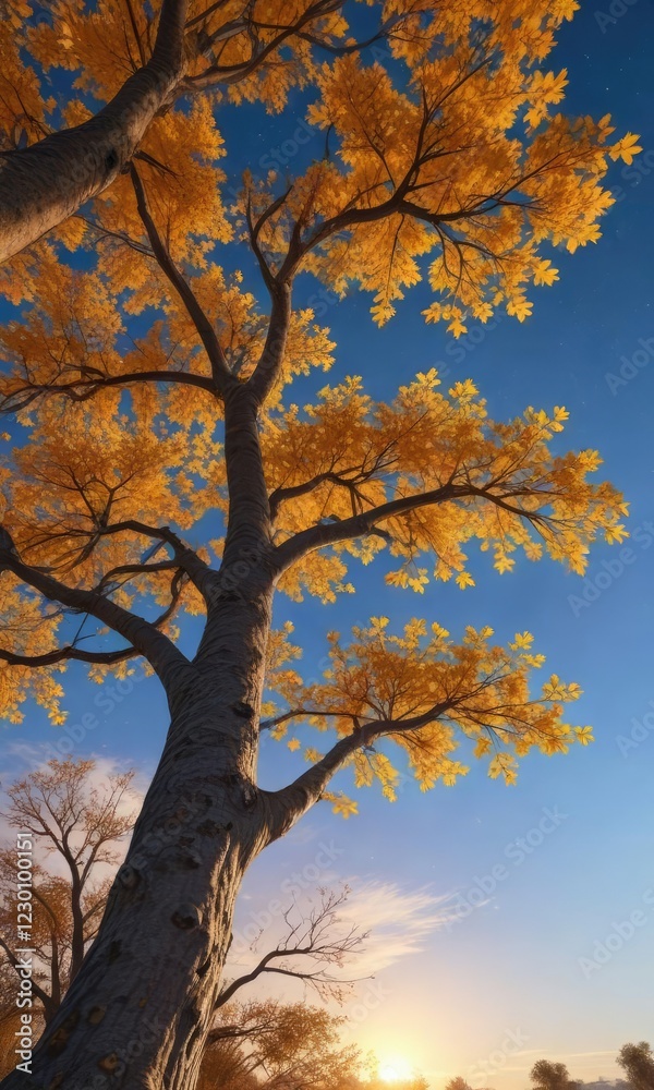 Sky at sunset with yellow stars and blue leaves on a tree, nature, sunny day, tree Sky at sunset with yellow stars and blue leaves on a tree, nature, sunny day, tree