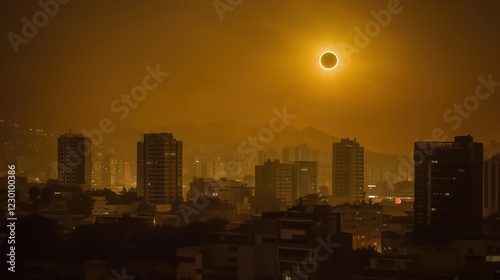 City skyline under solar eclipse with glowing orange sky, urban buildings, and cosmic phenomenon photo