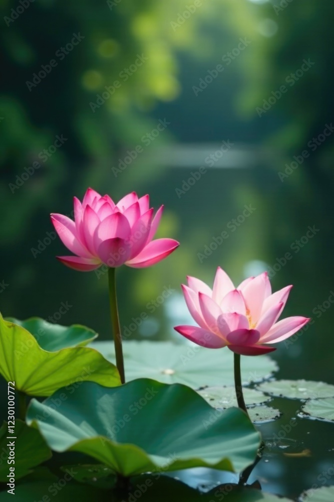 Lotus flowers in the foreground of a peaceful pond, tranquil, flower, bloom Lotus flowers in the foreground of a peaceful pond, tranquil, flower, bloom